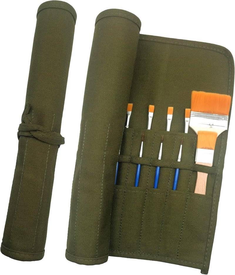 Funny live Paint Brush Holder Art Supplies, Artist Brush Holder & Storage Organizer Roll-Up Case Bag, Protect Acrylic Oil Watercolor Paintbrushes (Green 22 Slot Pockets) - Image 1